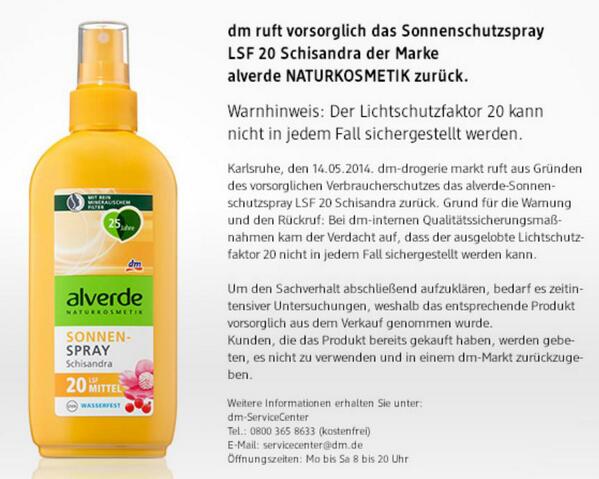 alverde sonnenspray sonnenschutz rückruf 2014