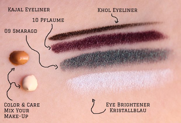 Alverde vegan Sortiment Herbst 2015 Kajal Khol Eyeliner Eye Brightener Kristallblau Pflaume Smaragd Color Care Mix your make up Swatch